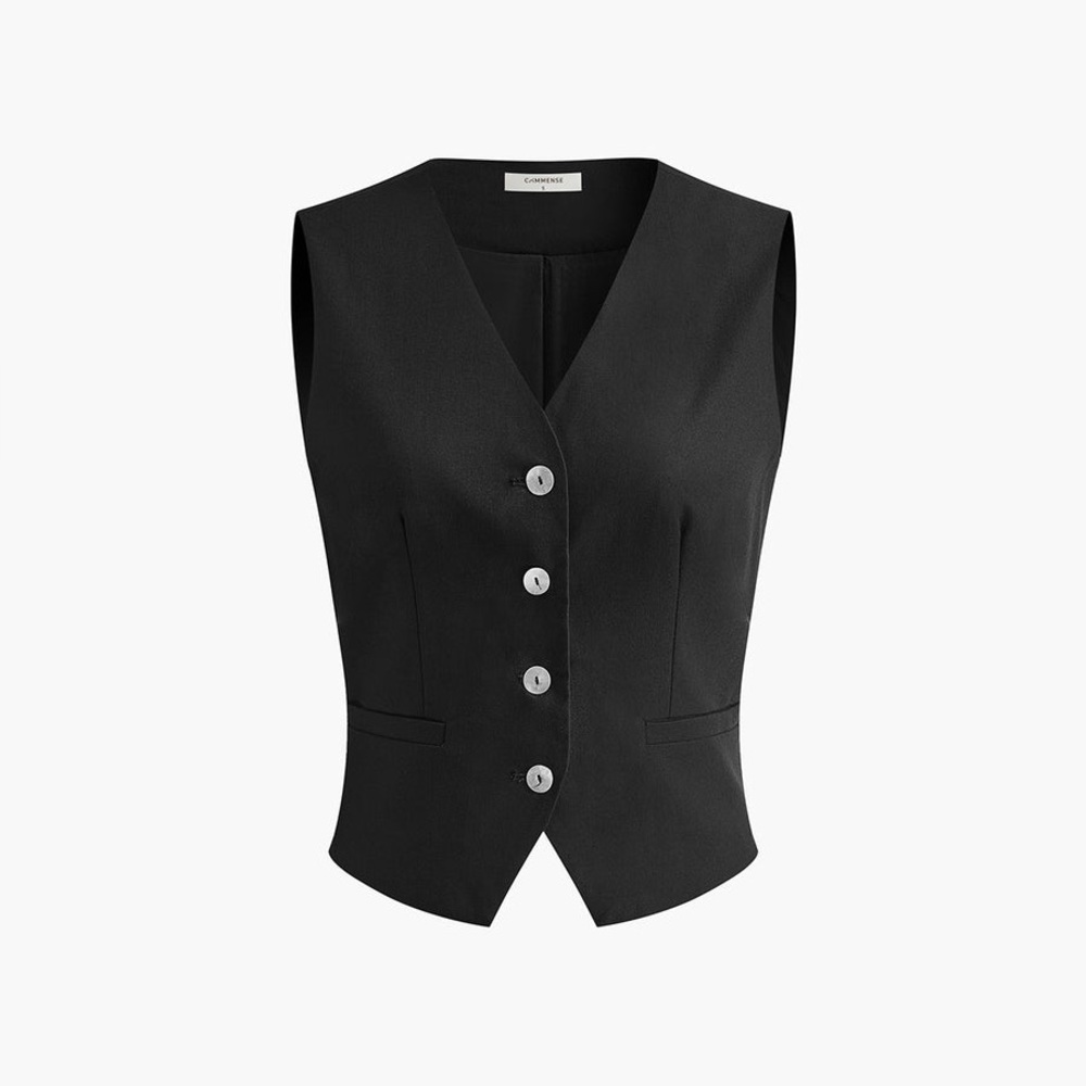Commense Black Sleeveless Button-Up Top